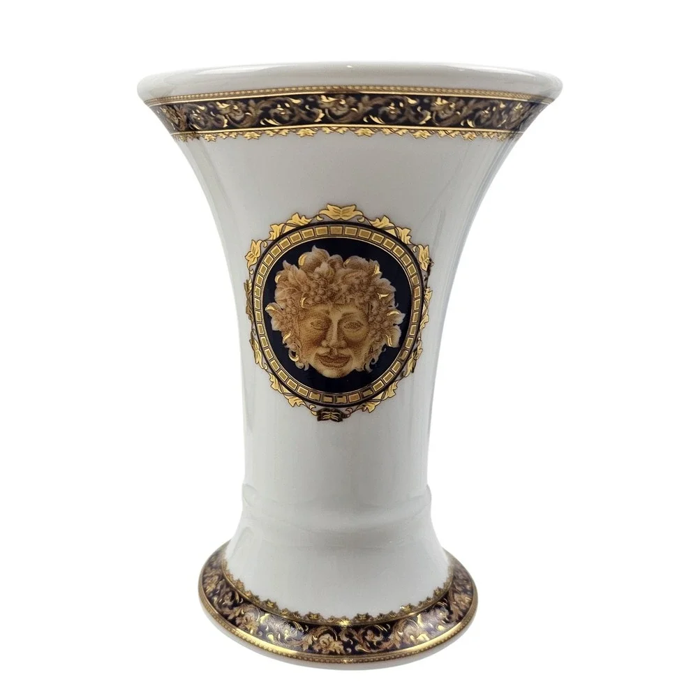 T. Limoges Bacchus Porcelain Trumpet Vase White Gold Navy Blue 7in France